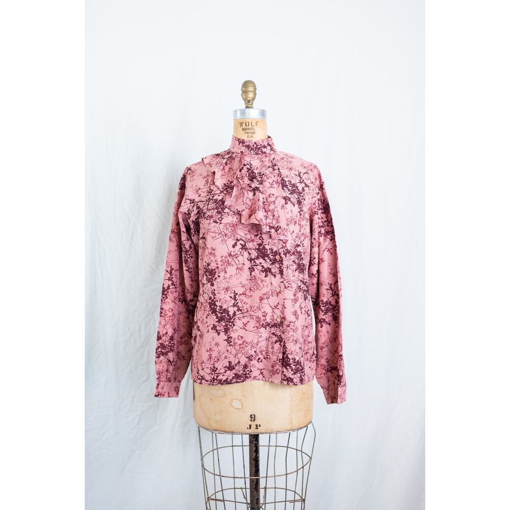 Vintage 80s Mauve Pink Floral Blouse, Autumn High Neck Top, Romantic Cottage, M